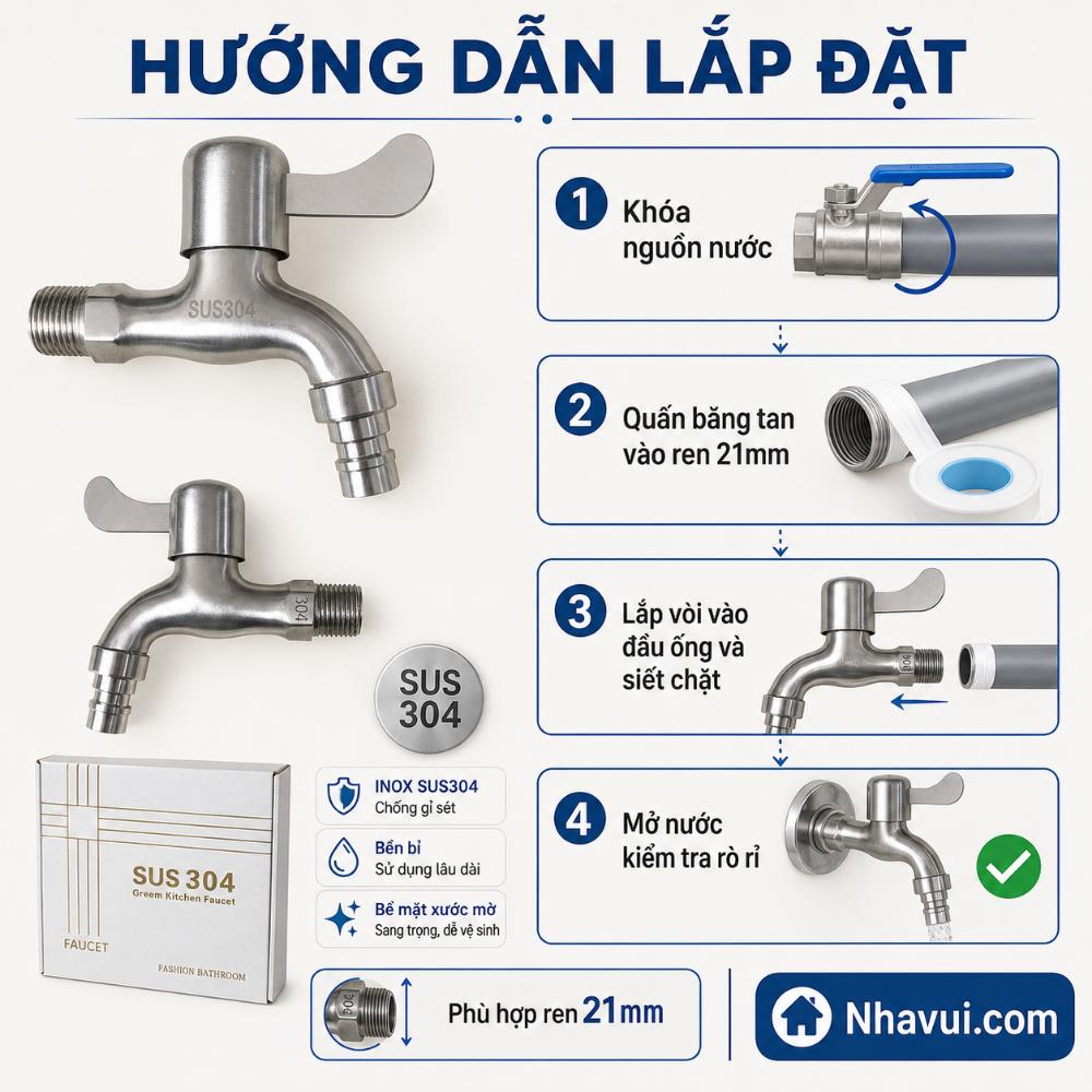Vòi hồ inox 304 Luco ren 21mm